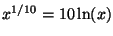 $x^{1/10} = 10\ln(x)$