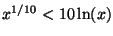 $x^{1/10} < 10\ln(x)$