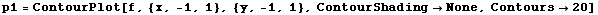 p1 = ContourPlot[f, {x, -1, 1}, {y, -1, 1}, ContourShadingNone, Contours20]
