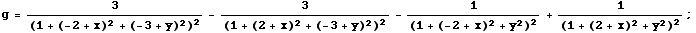 g = 3/(1 + (-2 + x)^2 + (-3 + y)^2)^2 - 3/(1 + (2 + x)^2 + (-3 + y)^2)^2 - 1/(1 + (-2 + x)^2 + y^2)^2 + 1/(1 + (2 + x)^2 + y^2)^2 ;
