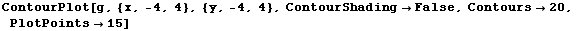 ContourPlot[g, {x, -4, 4}, {y, -4, 4}, ContourShadingFalse, Contours20, PlotPoints15]