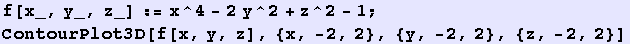f[x_, y_, z_] := x^4 - 2y^2 + z^2 - 1 ; ContourPlot3D[f[x, y, z], {x, -2, 2}, {y, -2, 2}, {z, -2, 2}]