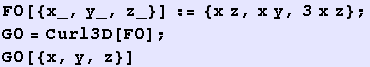 F0[{x_, y_, z_}] := {x z, x y, 3x z} ; G0 = Curl3D[F0] ; G0[{x, y, z}] 