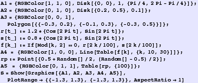 A1 = {RGBColor[1, 1, 0], Disk[{0, 0}, 1, {Pi/4, 2Pi - Pi/4}]} ; RowBox[{RowBox[{A2, =, RowBox[ ...  ,, RowBox[{{, RowBox[{RowBox[{-, 1.3}], ,, 1.3}], }}]}], }}]}], ,, AspectRatio1}], ]}]}] 