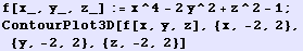 f[x_, y_, z_] := x^4 - 2y^2 + z^2 - 1 ; ContourPlot3D[f[x, y, z], {x, -2, 2}, {y, -2, 2}, {z, -2, 2}]