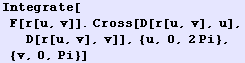 Integrate[F[r[u, v]] . Cross[D[r[u, v], u], D[r[u, v], v]], {u, 0, 2Pi}, {v, 0, Pi}]