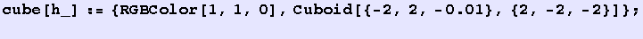 cube[h_] := {RGBColor[1, 1, 0], Cuboid[{-2, 2, -0.01}, {2, -2, -2}]} ; <br />