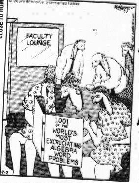 Teachers laughing over book "1,001 of the World's Most Excruciating Algebra Word Problems"