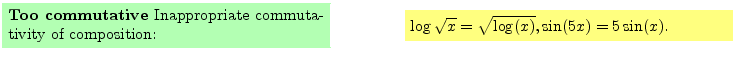 $\textstyle \parbox{16cm}{
\fcolorbox{green1}{green1}{\parbox{7cm}{
{\bf Too co...
...{\parbox{7cm}{
$\log\sqrt{x} = \sqrt{ \log(x)}, \sin(5x) = 5 \sin(x)$.
}}
}$